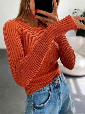 Semi Sheer Crew Neck Long Sleeve Knit Top-MXSTUDIO.COM