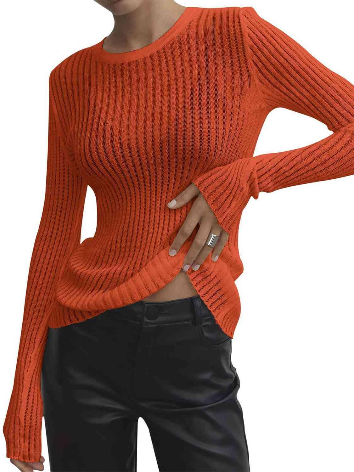 Semi Sheer Crew Neck Long Sleeve Knit Top-MXSTUDIO.COM