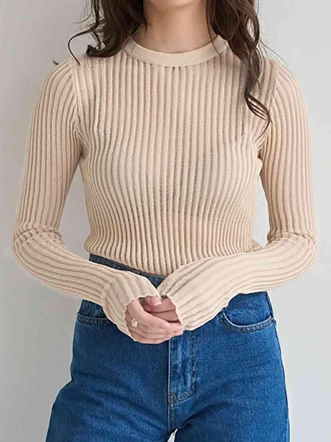 Semi Sheer Crew Neck Long Sleeve Knit Top-MXSTUDIO.COM