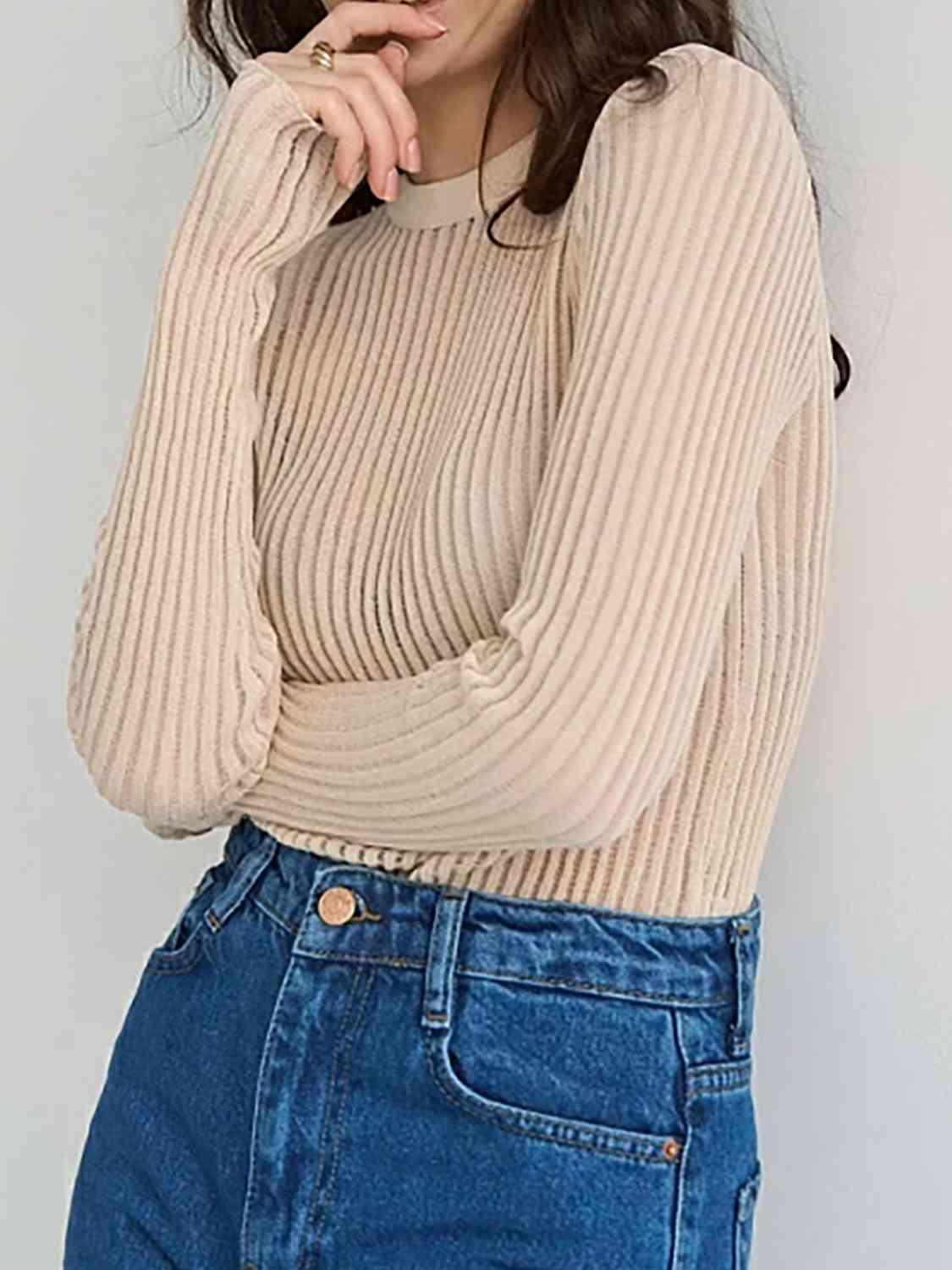 Semi Sheer Crew Neck Long Sleeve Knit Top-MXSTUDIO.COM