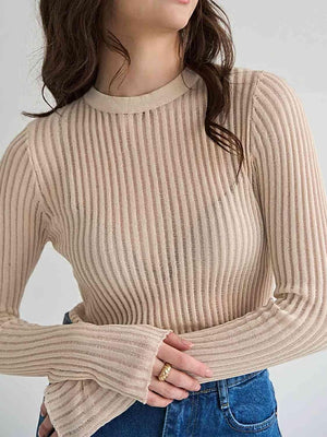 Semi Sheer Crew Neck Long Sleeve Knit Top-MXSTUDIO.COM