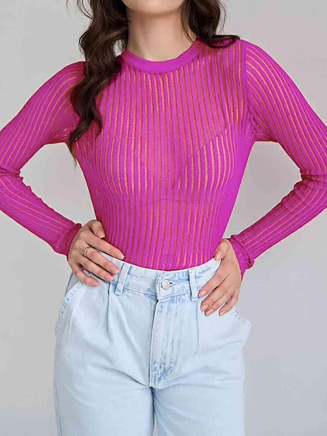 Semi Sheer Crew Neck Long Sleeve Knit Top-MXSTUDIO.COM