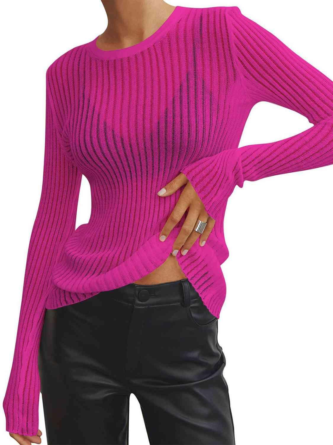 Semi Sheer Crew Neck Long Sleeve Knit Top-MXSTUDIO.COM