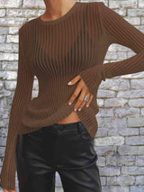 Semi Sheer Crew Neck Long Sleeve Knit Top-MXSTUDIO.COM