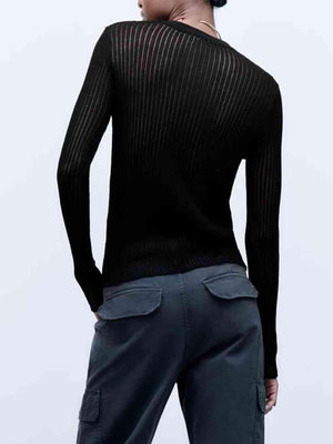 Semi Sheer Crew Neck Long Sleeve Knit Top-MXSTUDIO.COM