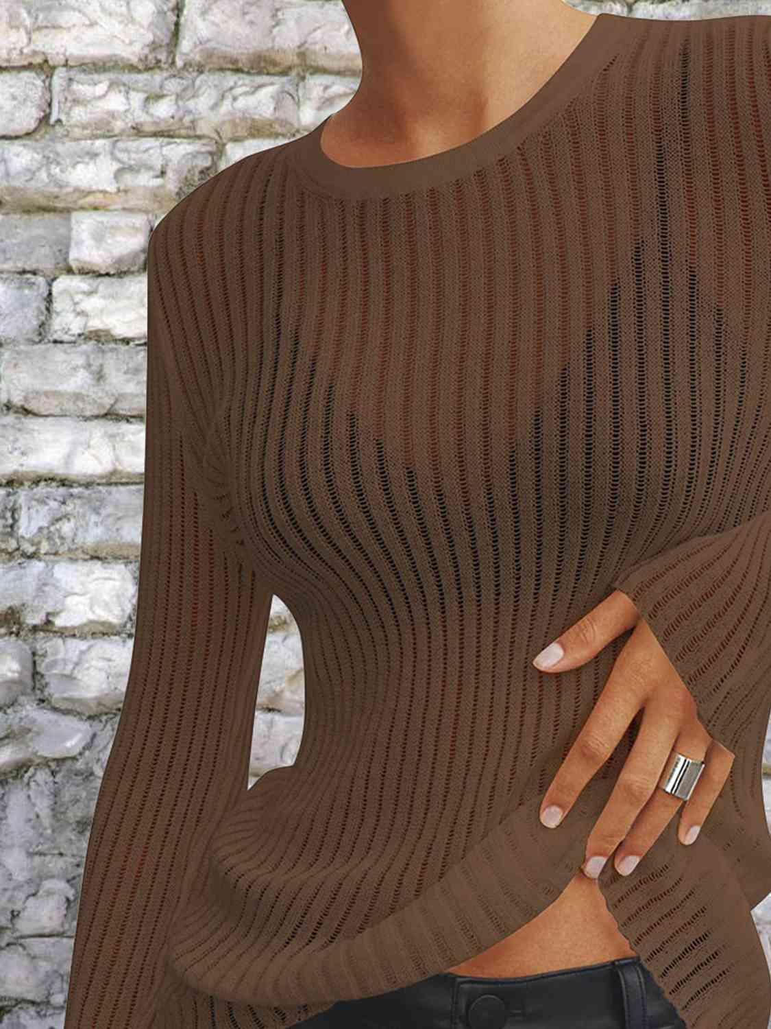 Semi Sheer Crew Neck Long Sleeve Knit Top-MXSTUDIO.COM