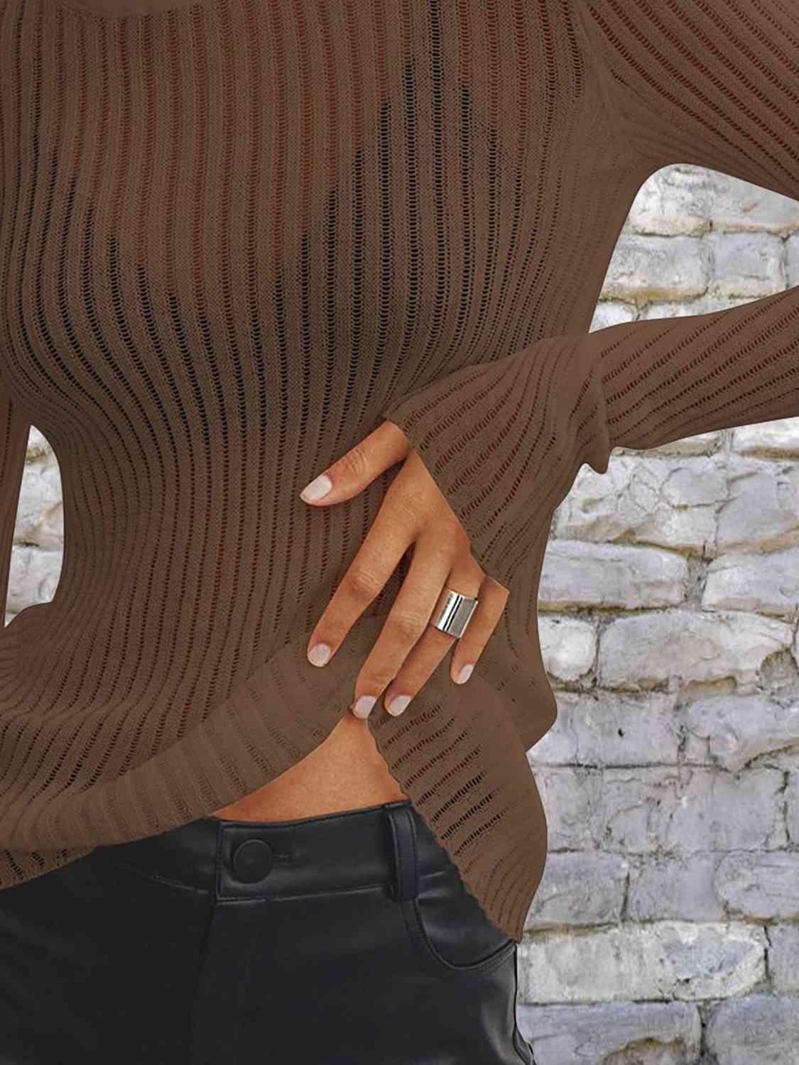 Semi Sheer Crew Neck Long Sleeve Knit Top-MXSTUDIO.COM