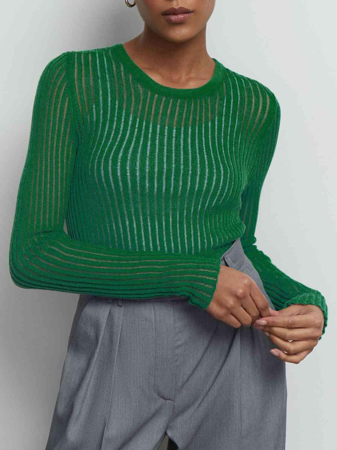 Semi Sheer Crew Neck Long Sleeve Knit Top-MXSTUDIO.COM