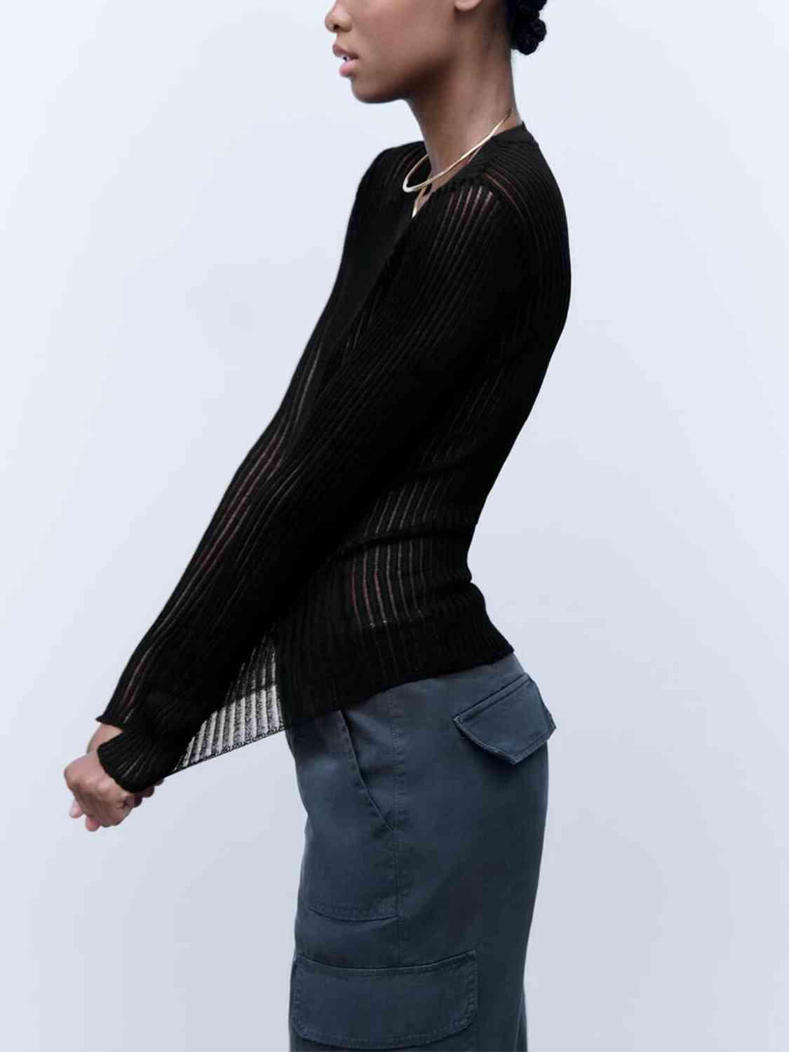 Semi Sheer Crew Neck Long Sleeve Knit Top-MXSTUDIO.COM