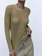 Semi Sheer Crew Neck Long Sleeve Knit Top-MXSTUDIO.COM