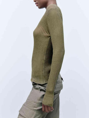 Semi Sheer Crew Neck Long Sleeve Knit Top-MXSTUDIO.COM