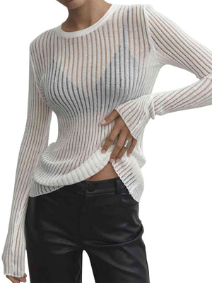 Semi Sheer Crew Neck Long Sleeve Knit Top-MXSTUDIO.COM