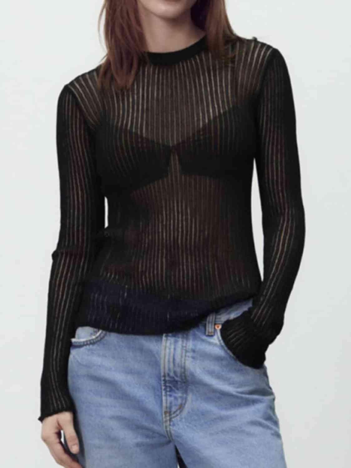 Semi Sheer Crew Neck Long Sleeve Knit Top-MXSTUDIO.COM