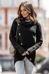a woman walking down the street wearing a black sweater
