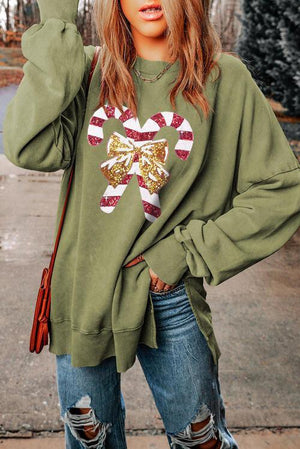 Sequin Accent Long Sleeve Candy Cane Sweatshirt-MXSTUDIO.COM