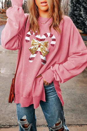 Sequin Accent Long Sleeve Candy Cane Sweatshirt-MXSTUDIO.COM