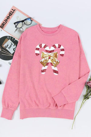 Sequin Accent Long Sleeve Candy Cane Sweatshirt-MXSTUDIO.COM