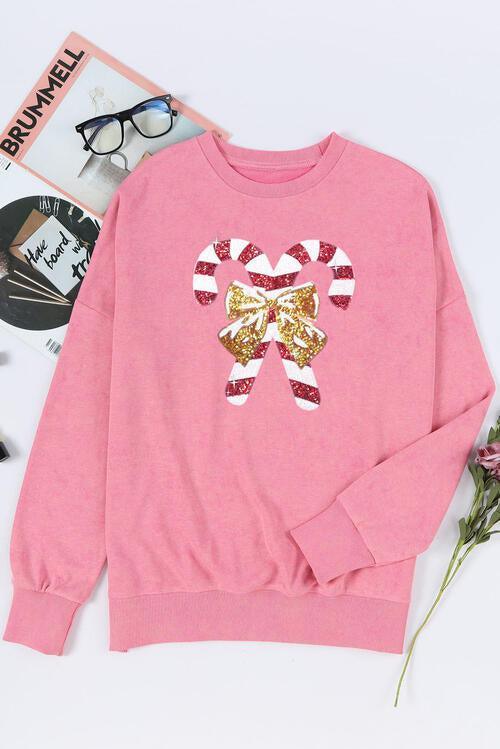 Sequin Accent Long Sleeve Candy Cane Sweatshirt-MXSTUDIO.COM