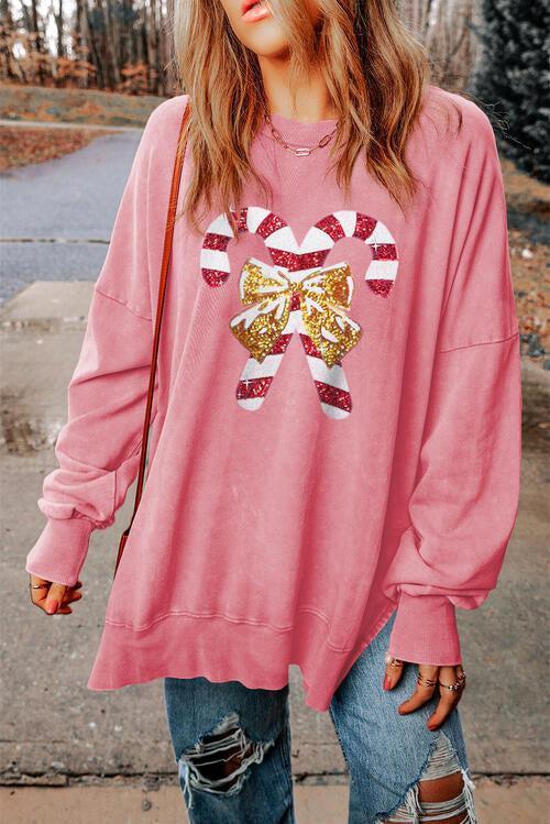 Sequin Accent Long Sleeve Candy Cane Sweatshirt-MXSTUDIO.COM