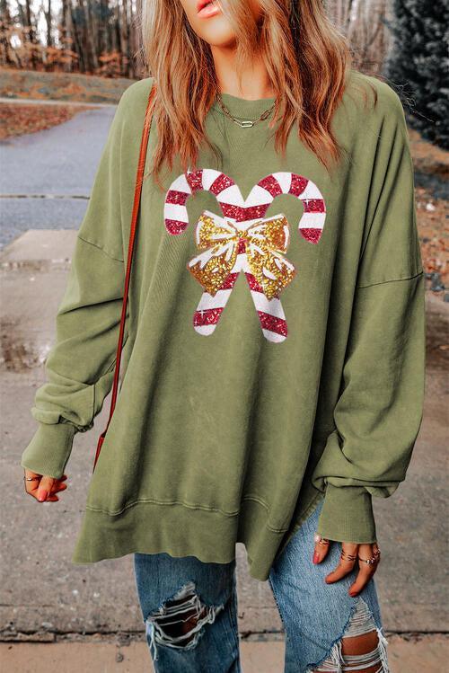 Sequin Accent Long Sleeve Candy Cane Sweatshirt-MXSTUDIO.COM