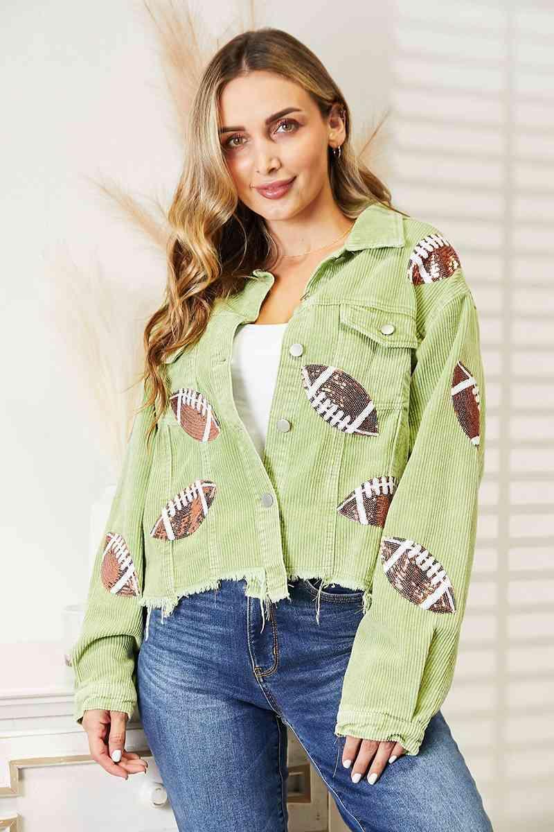 Sequin Football Patch Raw Hem Button Down Shacket-MXSTUDIO.COM