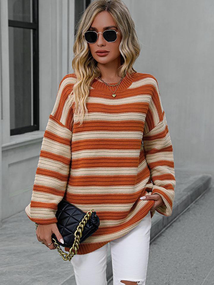 Serene Ensemble Striped Dropped Shoulder Sweater - MXSTUDIO.COM