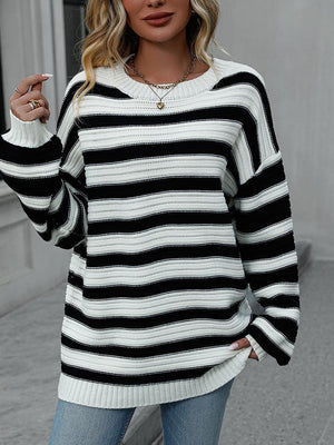 Serene Ensemble Striped Dropped Shoulder Sweater - MXSTUDIO.COM