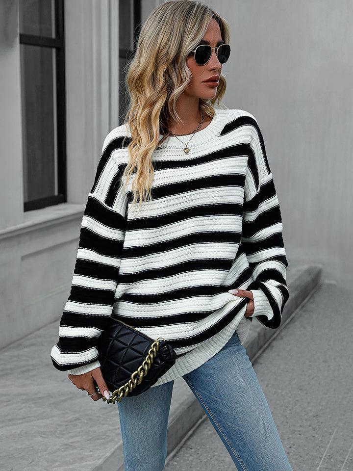 Serene Ensemble Striped Dropped Shoulder Sweater - MXSTUDIO.COM