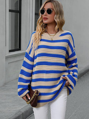 Serene Ensemble Striped Dropped Shoulder Sweater - MXSTUDIO.COM