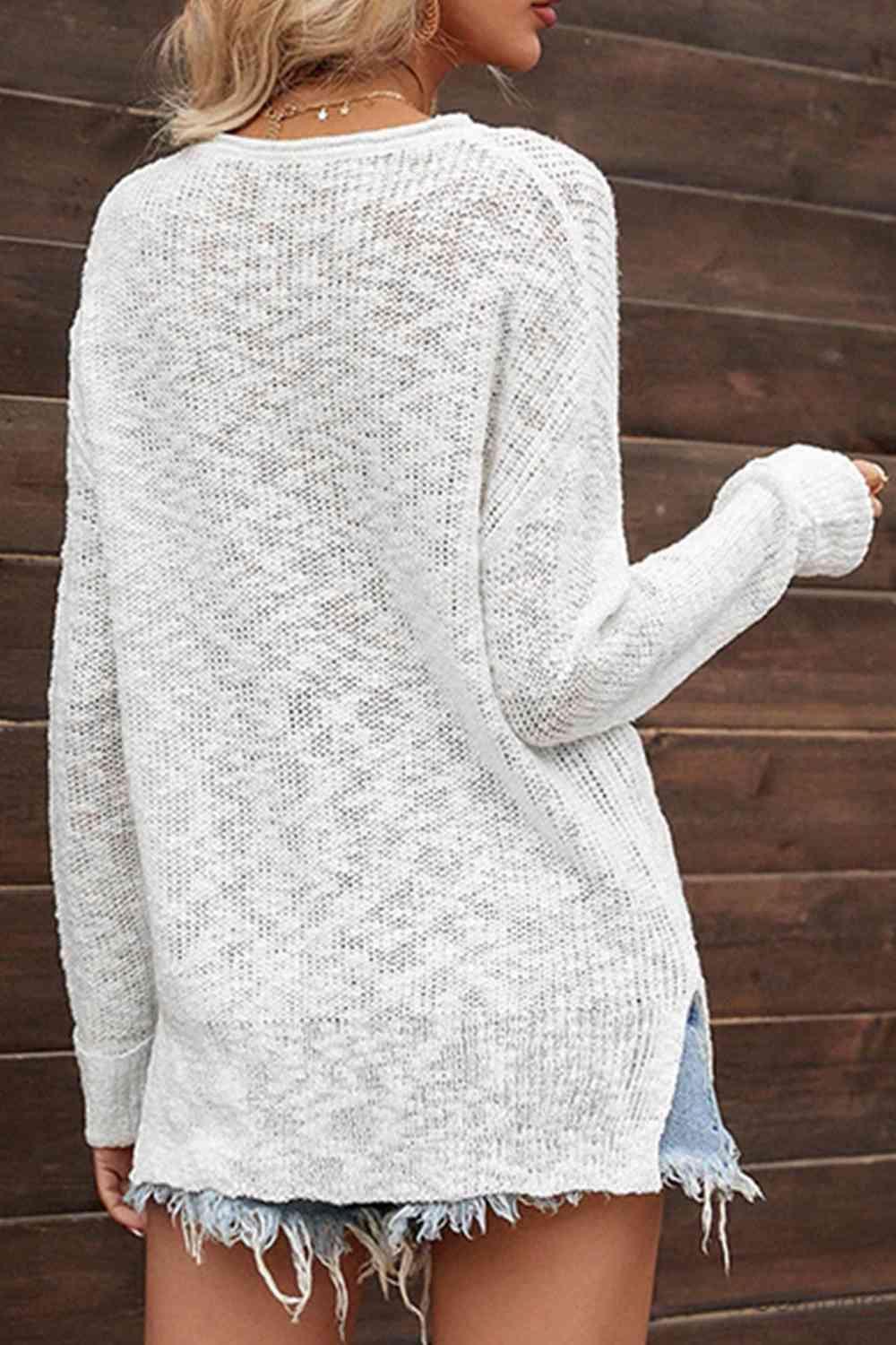 Serene Mood Slit Knit White V Neck Sweater-MXSTUDIO.COM