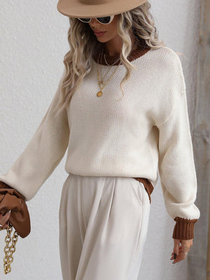 Set Comfort Contrast Trim Drop Shoulder Knit Pullover Sweater - MXSTUDIO.COM