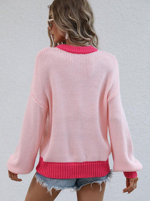 Set Comfort Contrast Trim Drop Shoulder Knit Pullover Sweater - MXSTUDIO.COM