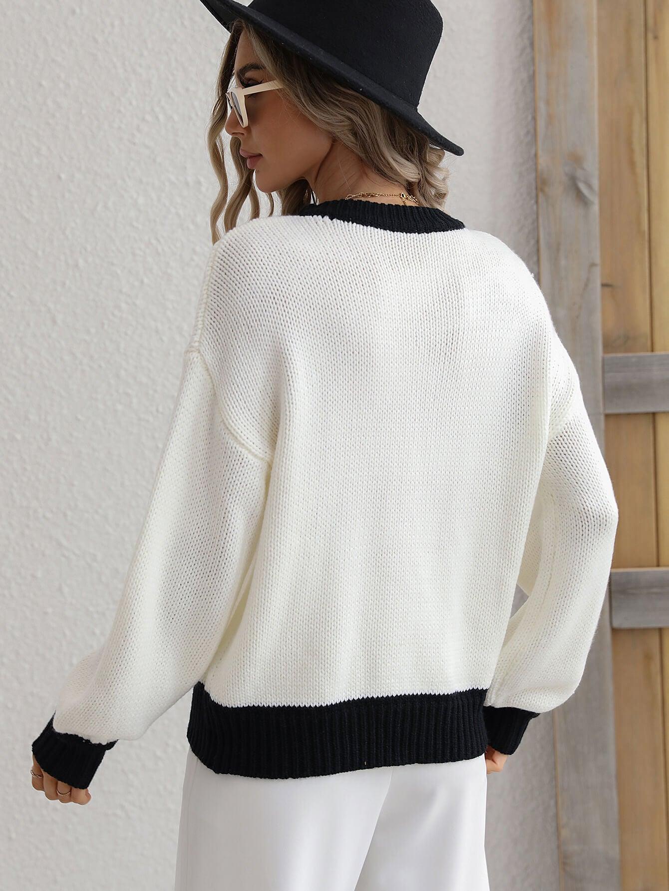 Set Comfort Contrast Trim Drop Shoulder Knit Pullover Sweater - MXSTUDIO.COM