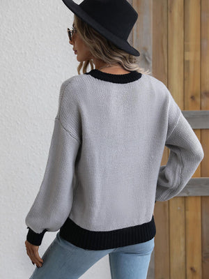 Set Comfort Contrast Trim Drop Shoulder Knit Pullover Sweater - MXSTUDIO.COM