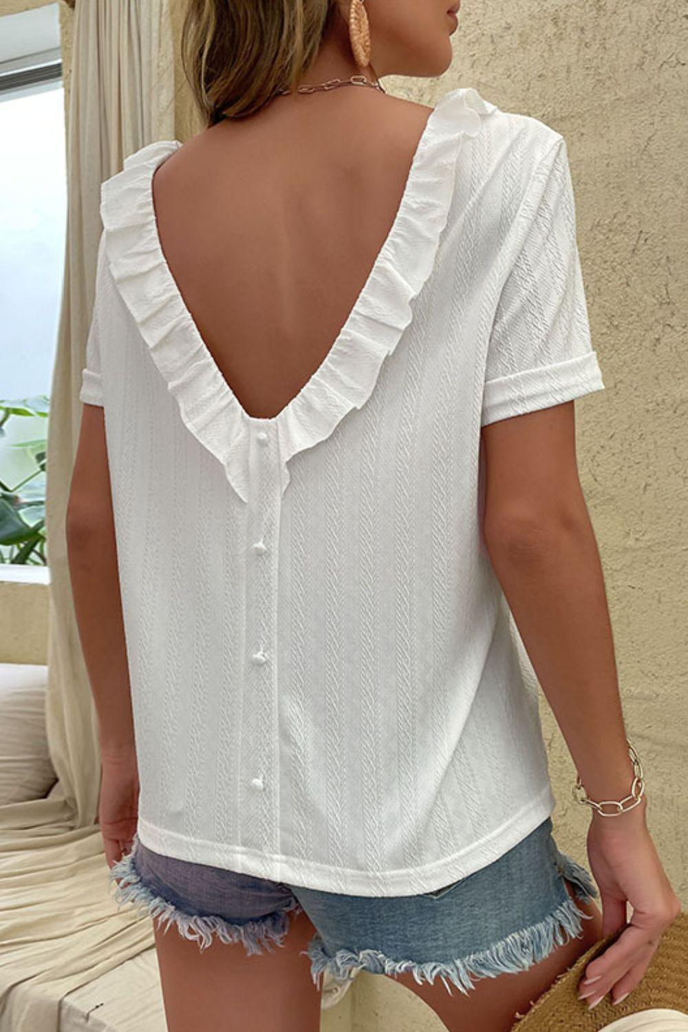 Sexy Back White Ruffled Short Sleeve Blouse - MXSTUDIO.COM