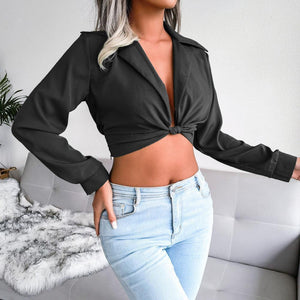 Sexy Collared Long Sleeve Cropped Top - MXSTUDIO.COM