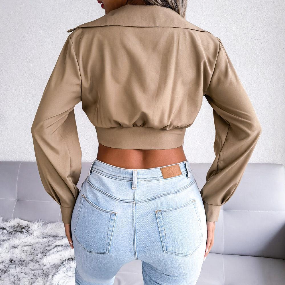 Sexy Collared Long Sleeve Cropped Top - MXSTUDIO.COM