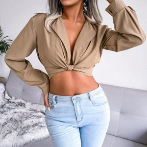 Sexy Collared Long Sleeve Cropped Top - MXSTUDIO.COM