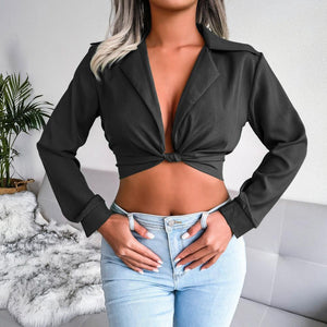 Sexy Collared Long Sleeve Cropped Top - MXSTUDIO.COM