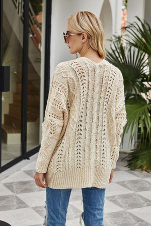 Sheer Coziness Ribbed Trim Openwork Open Front Cardigan - MXSTUDIO.COM