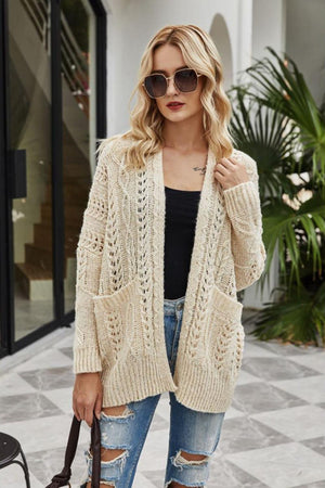 Sheer Coziness Ribbed Trim Openwork Open Front Cardigan - MXSTUDIO.COM