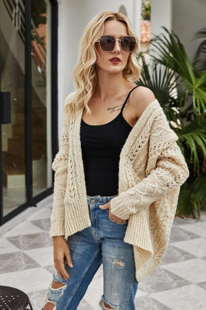 Sheer Coziness Ribbed Trim Openwork Open Front Cardigan - MXSTUDIO.COM