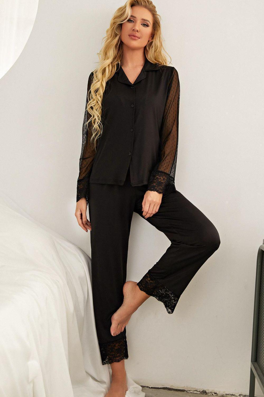 Sheer Mesh Sleeves Top And Lace Trim Pajama Sets - MXSTUDIO.COM