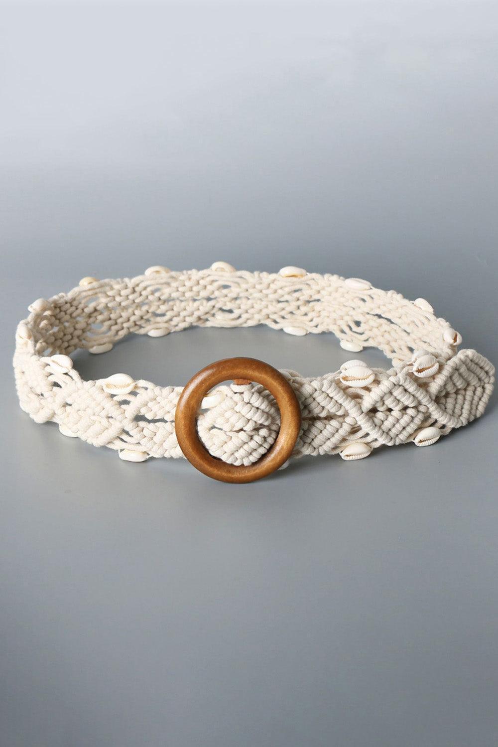 Shell Accent Wooden Buckle Braided Belt Womens - MXSTUDIO.COM