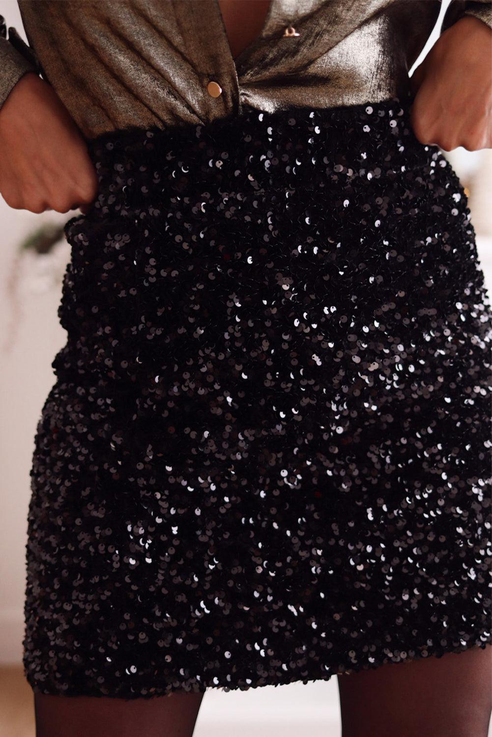 a woman is wearing a skirt with sequins on it