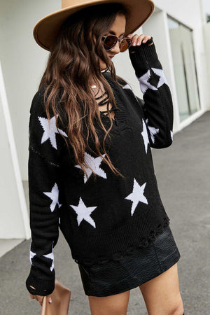 Shine All Day Lace-Up Star Pattern Sweater - MXSTUDIO.COM