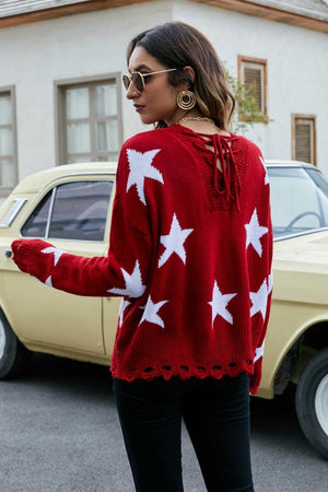 Shine All Day Lace-Up Star Pattern Sweater - MXSTUDIO.COM