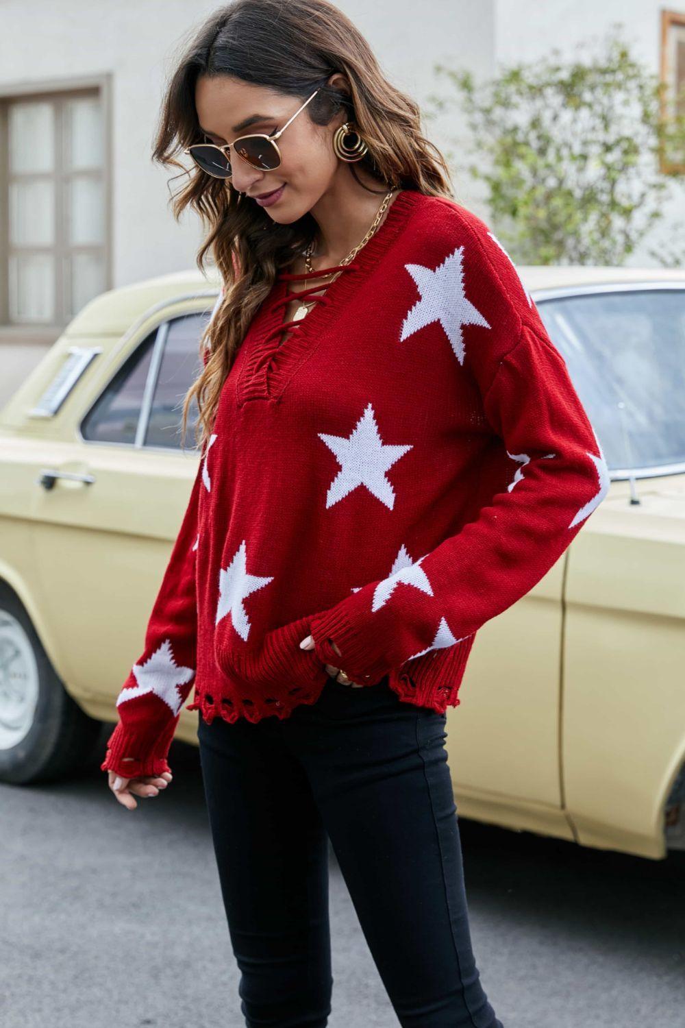 Shine All Day Lace-Up Star Pattern Sweater - MXSTUDIO.COM