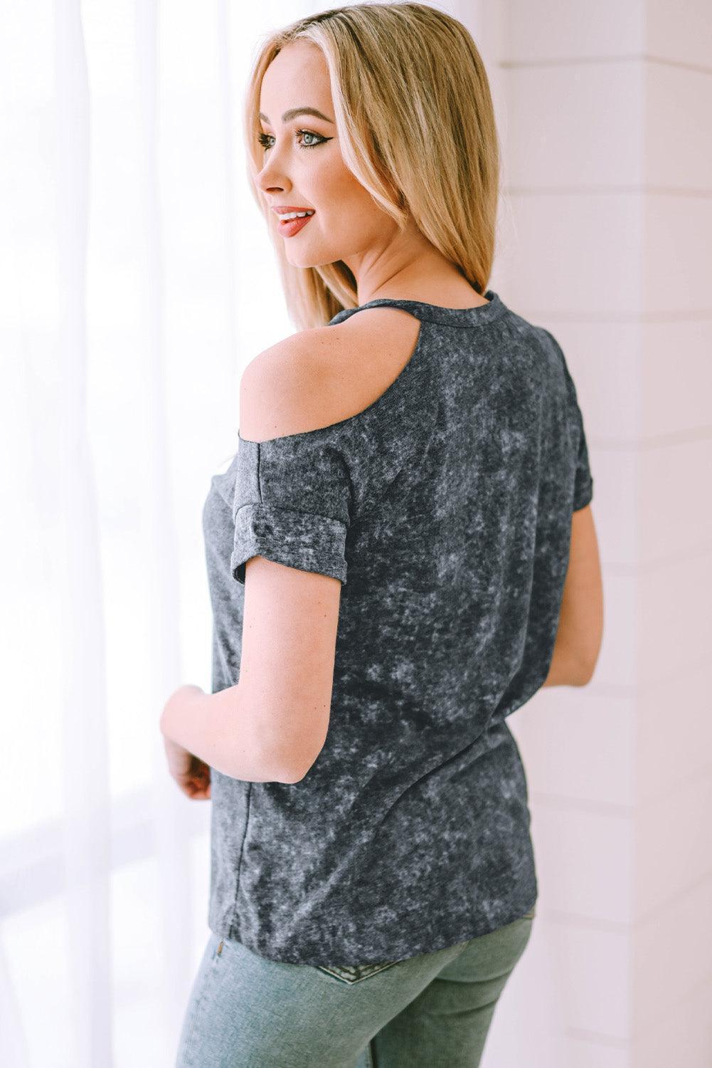 Shine From Within Acid Wash Cold Shoulder Tee - MXSTUDIO.COM