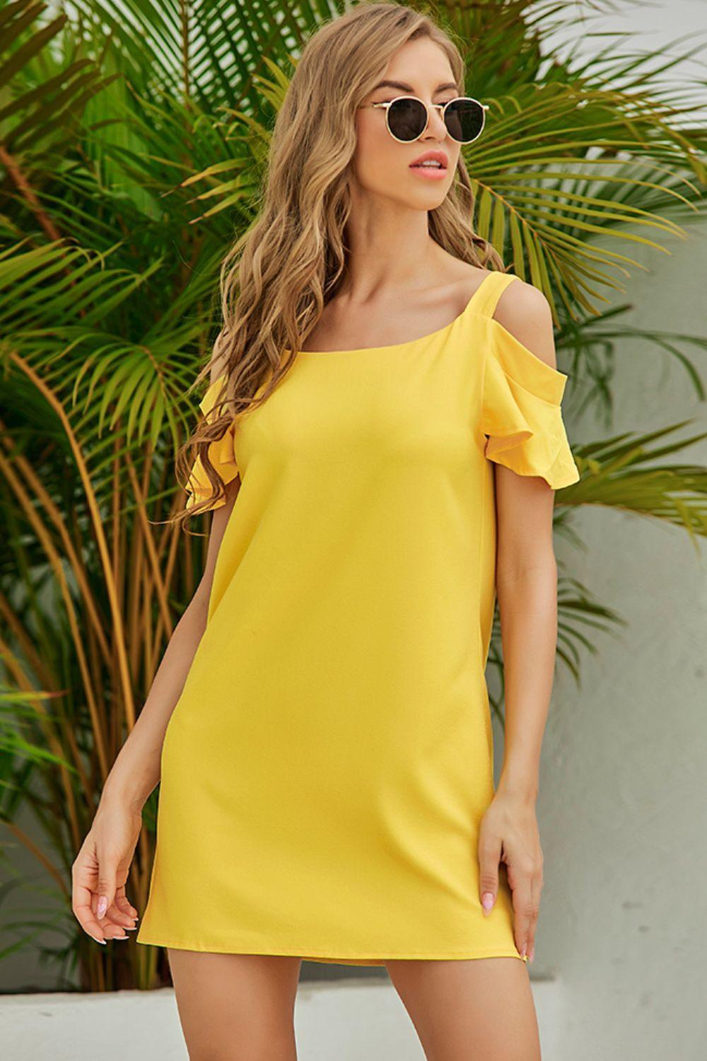 Shine Like The Sun Cold-Shoulder Yellow Mini Dress - MXSTUDIO.COM